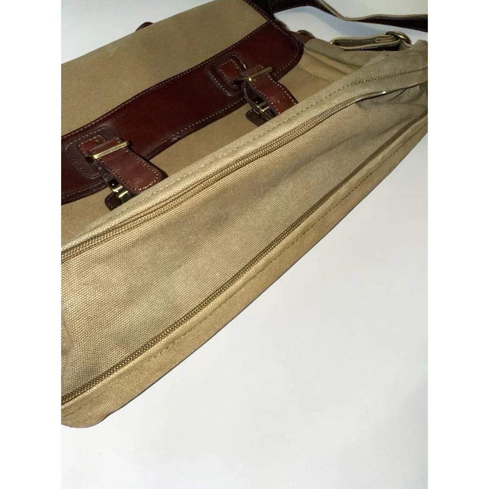Bosca Leather & Canvas Messenger‎ Bag Briefcase Tan & Brown Attache Laptop Work